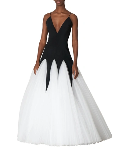 Shop Carolina Herrera Bicolor V-neck Godet Gown In Blackwhite
