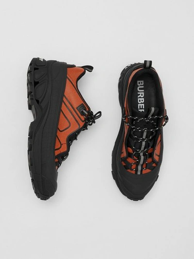 Shop Burberry Two-tone Leather Arthur Sneakers In Black/orange