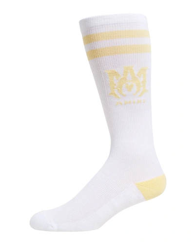 Shop Amiri Men's Ribbed Logo Striped Socks In 721 Canary