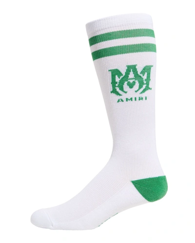 Shop Amiri Men's Ribbed Logo Striped Socks In 302 Tennis Green