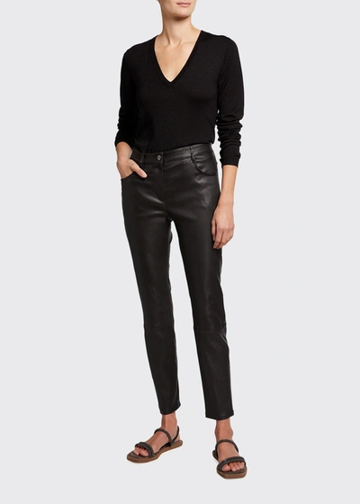 Shop Brunello Cucinelli Cropped Mid-rise Leather Pants In Black