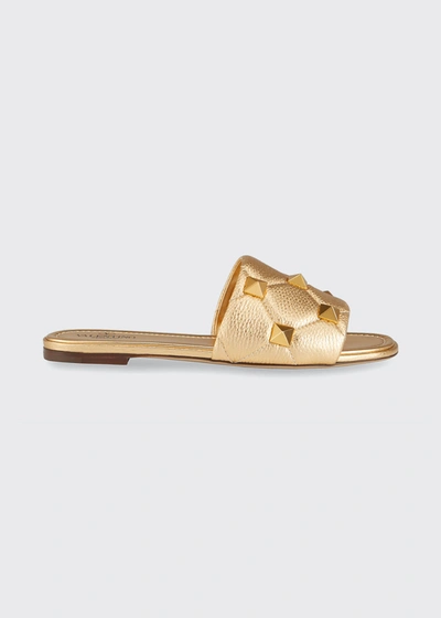 Shop Valentino Roman Stud Metallic Slide Sandals In Gold
