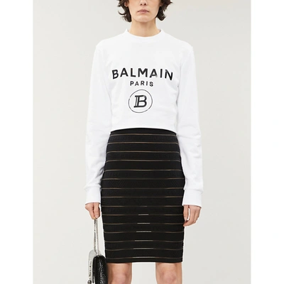 Shop Balmain Cropped Logo-print Cotton-jersey Sweatshirt In White Black