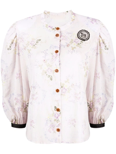 Shop Ulyana Sergeenko Floral-print Collarless Shirt In Rosa