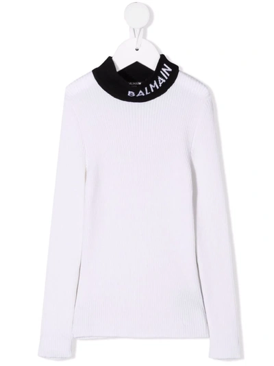 Shop Balmain Intarsia-knit Logo Collar Jumper In White
