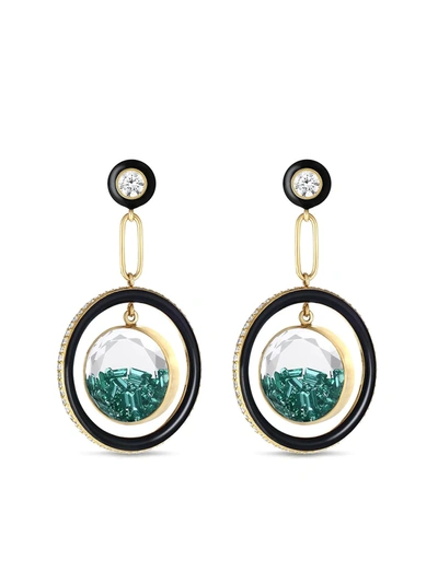 Shop Moritz Glik 18kt Yellow Gold Apollo Halo Enamel, Diamond And Emerald Shaker Earrings