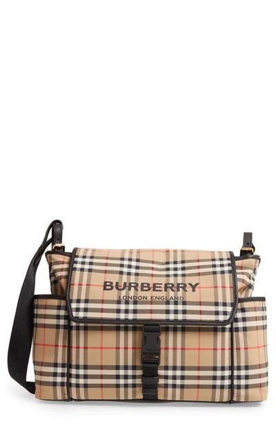 Shop Burberry Flap Check Diaper Bag In Archive Beige