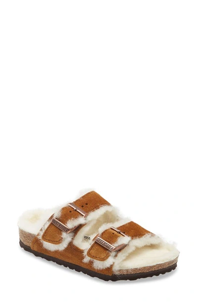 Shop Birkenstock Kids' Arizona Genuine Shearling Slide Sandal In Mink/ Natural