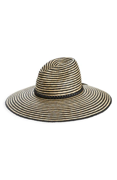 Shop Saint Laurent Stripe Wide Brim Straw Hat In Sable/ Noir