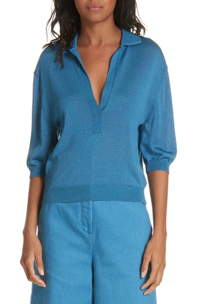 Shop Tibi Plunging Polo Sweater In Sky Blue