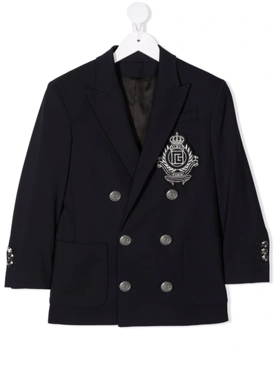 Shop Balmain Logo-embroidered Double-breasted Blazer In 蓝色