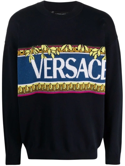Shop Versace Intarsia-logo Crew-neck Jumper In Blau