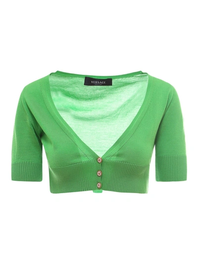 Shop Versace Silk Cropped Cardigan In Green