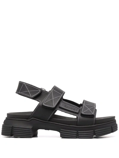Shop Ganni Logo Patch Touch-strap Sandals In Black