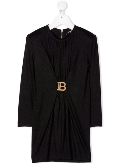 Shop Balmain Logo-embellished Long-sleeve Dress In Black