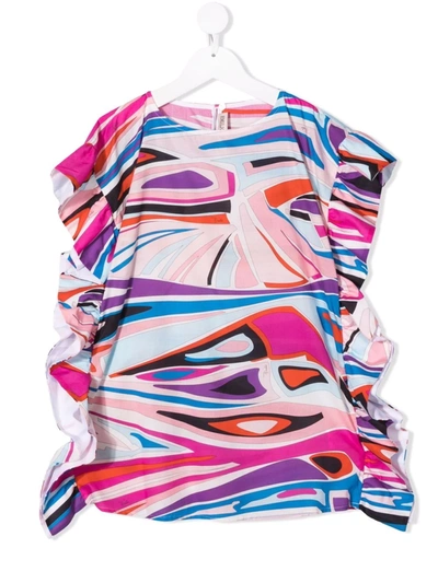 Shop Emilio Pucci Junior Ruffled Abstract-print Cotton Dress In Pink