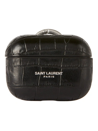 Shop Saint Laurent Black Croco Leather Airpods Pro Case