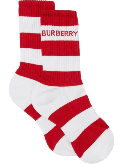 Shop Burberry Stripe Crew Length Sports Socks, Red And White