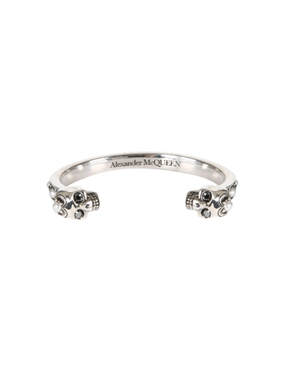 Shop Alexander Mcqueen Twin Skull Bracelet In Silver