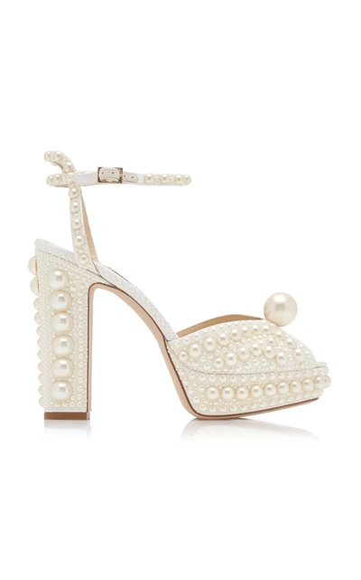 Shop Jimmy Choo Sacaria Pearl-embellished Satin Platform Sandals In White