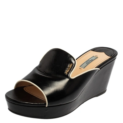 Pre-owned Prada Black Patent Saffiano Leather Wedge Platform Slide Sandals Size 40