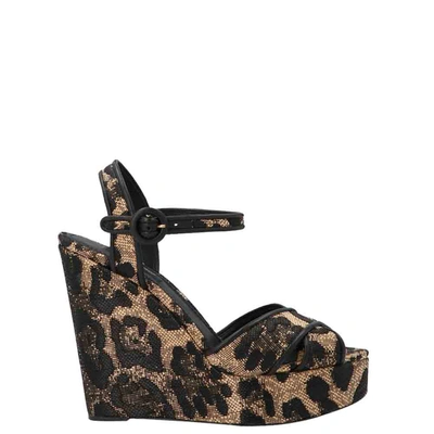 Pre-owned Dolce & Gabbana Raffia Leopard Print Wedge Sandals Size Eu 35 In Multicolor