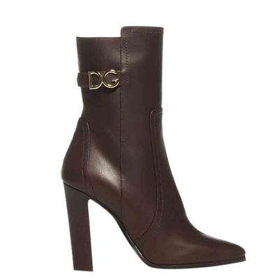 Pre-owned Dolce & Gabbana Dark Brown Cowhide With Dg Logo Ankle Boots Size Eu 36