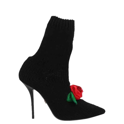 Pre-owned Dolce & Gabbana Black Rose-appliqu&eacute; Knit Sock Boots Size 38.5