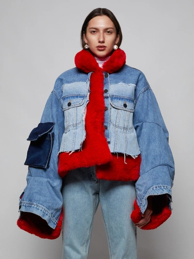 Shop Natasha Zinko Red Faux Fur And Denim Jacket