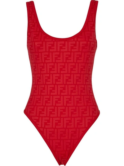 Shop Fendi Ff Logo Print One-piece Swimsuit Red