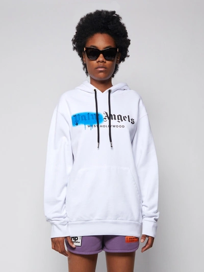 Shop Palm Angels West Hollywood Sprayed Hoodie White And Blue