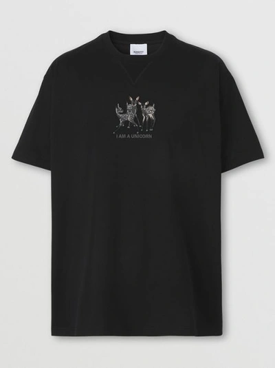 Shop Burberry Embroidered Deer Cotton Oversized T-shirt In Black