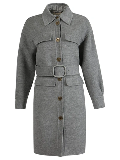 Shop Fendi Beted Single-breast Coat In Grey