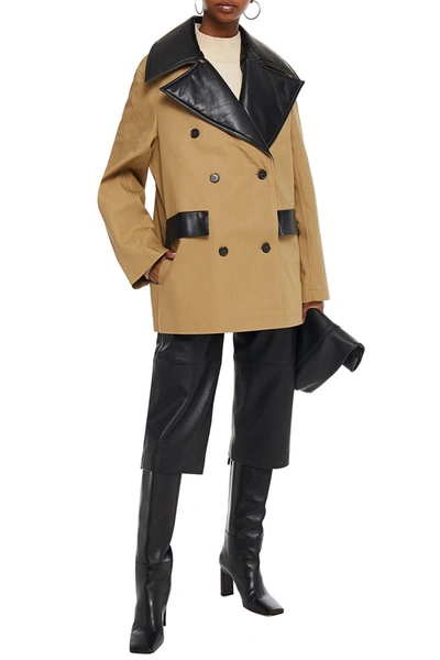Shop Nanushka Double-breasted Leather-trimmed Cotton-canvas Coat In Sand