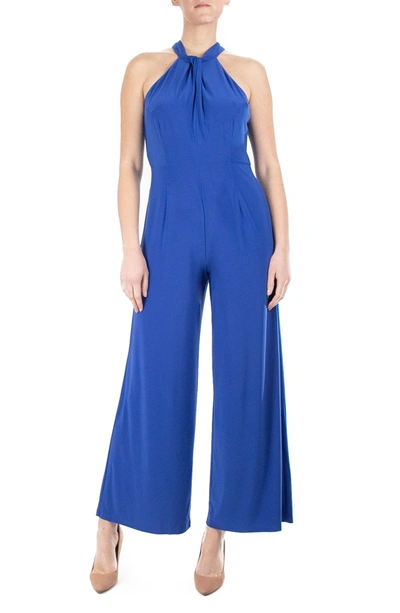 Shop Nina Leonard Twist Halter Knit Jumpsuit In Classic Blue