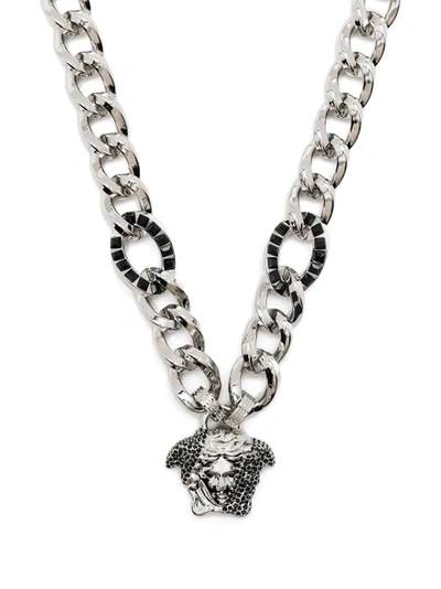 Shop Versace Black-palladium Crystal-embellished Medusa Chain Necklace