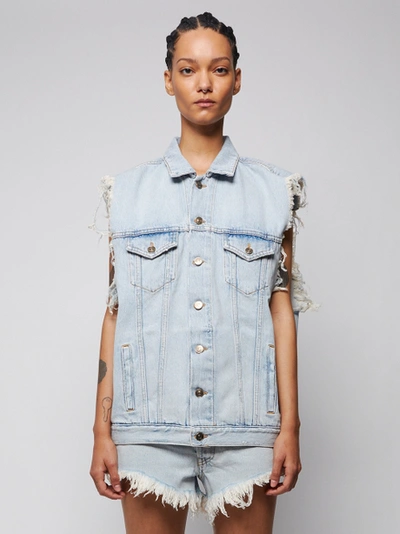 Shop Alanui Distressed San Pedro Wash Denim Vest, Blue