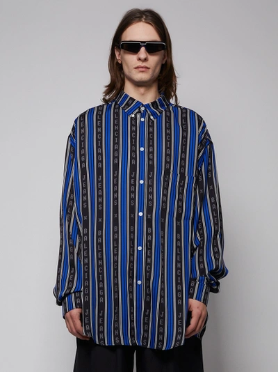 Shop Balenciaga Striped Logo Button Up Shirt, Black And Blue