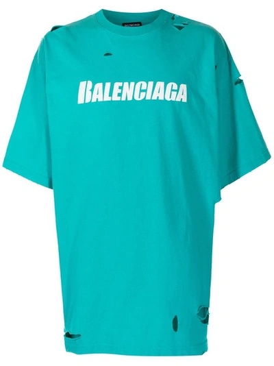 Shop Balenciaga Caps Destroyed Flatground Cotton T-shirt, Turquoise And White