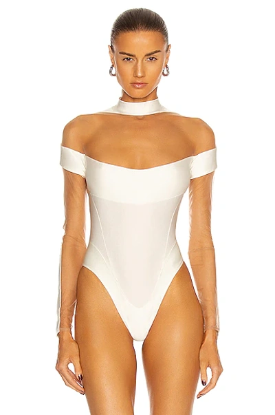 Shop Mugler Long Sleeve Bodysuit In White Nude