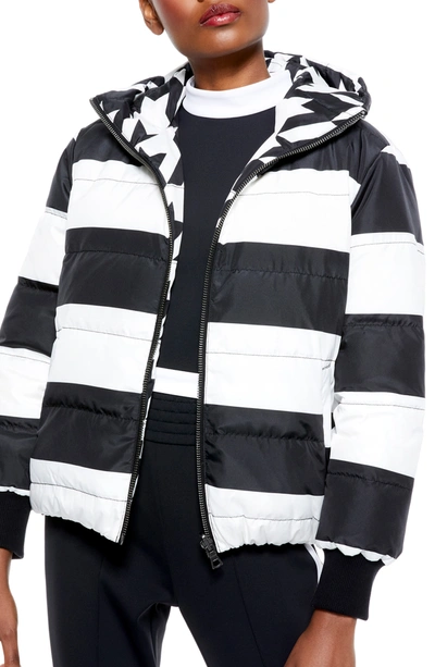 Shop Alice And Olivia Alice + Olivia Durham Reversible Hooded Down Jacket In Houndstooth/ Combo