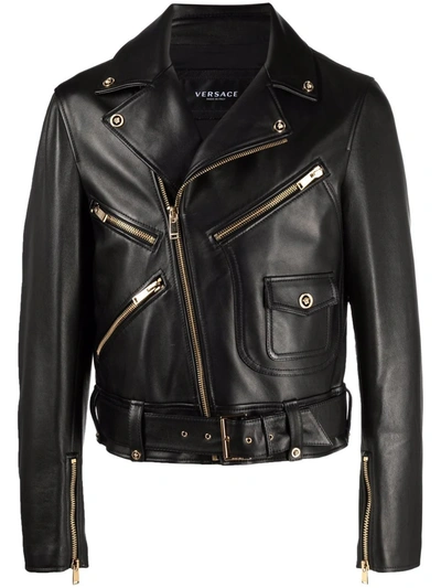 Shop Versace Nappa Leather Biker Jacket In Schwarz