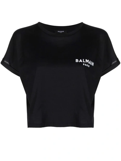Shop Balmain Flocked Logo Cropped T-shirt In Schwarz