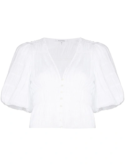 Shop Frame Julianne Cropped Puff-sleeve Blouse In Weiss