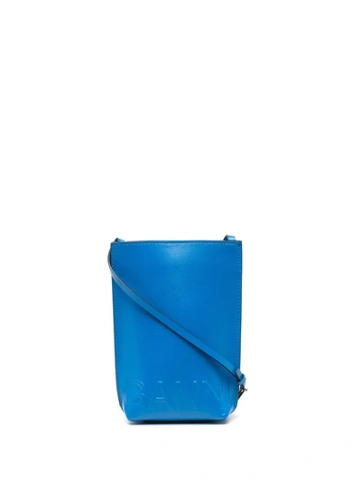 Shop Ganni Embossed-logo Polished-finish Crossbody Bag In Blau