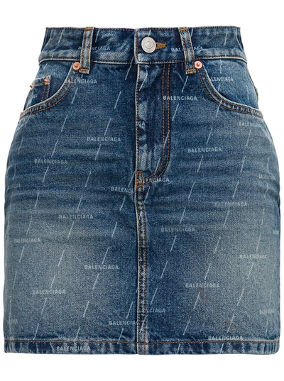 Shop Balenciaga Denim Skirt With Allover Logo In Blu