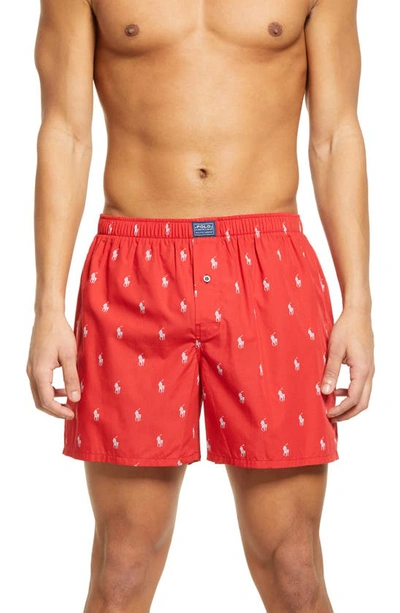Shop Polo Ralph Lauren Pony Print Woven Cotton Boxers In Red