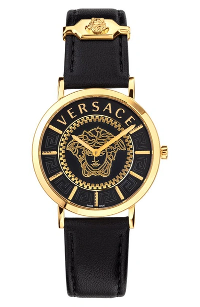 Shop Versace V-essential Leather Strap Watch, 36mm In Gold