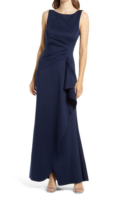 Eliza J Sleeveless Side Tuck Ruffle Gown In Navy | ModeSens