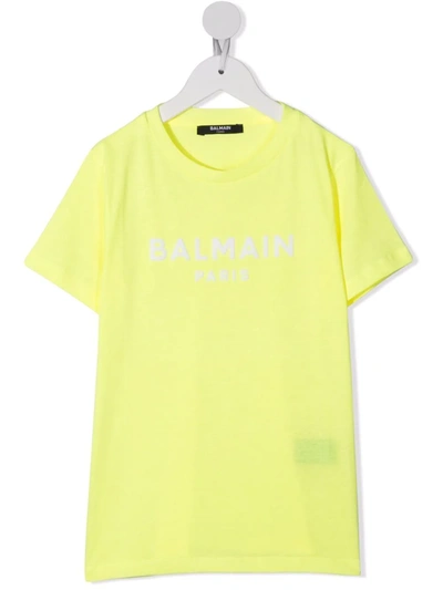 Shop Balmain Logo-print Cotton T-shirt In Yellow